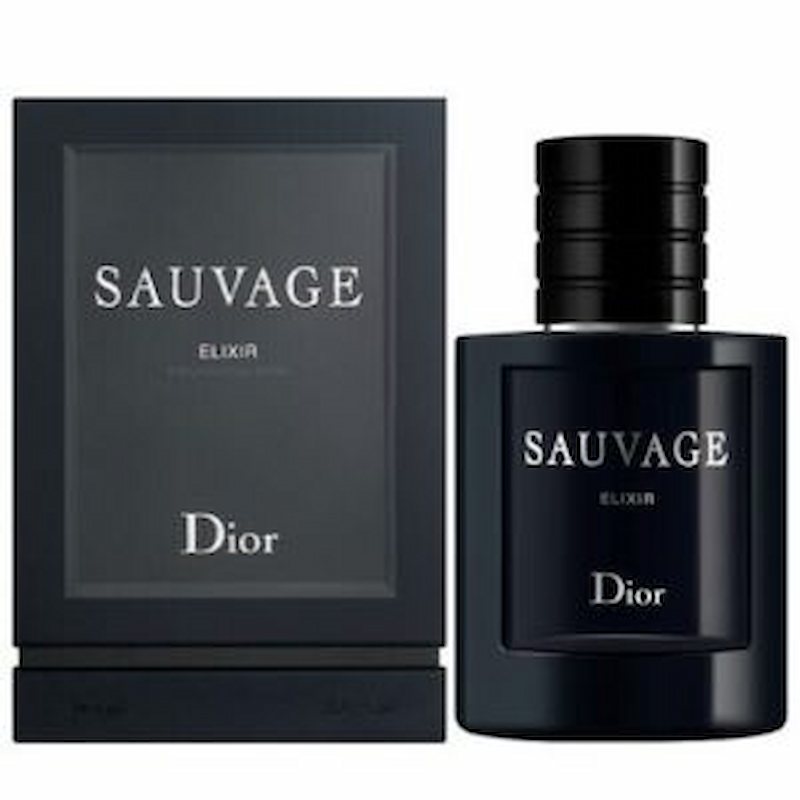 عطر دیور ساواژ الکسیر با بطری استوانه‌ای تیره و لوگوی Dior در قسمت پایین بطری